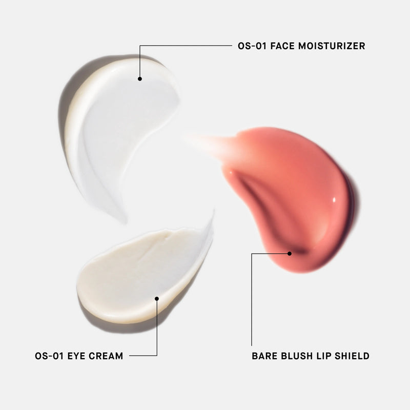 Three cosmetic products labeled 'OS-01 Face Moisturizer', 'OS-01 Eye Cream', and 'Bare Blush Lip Shield' on a white background.