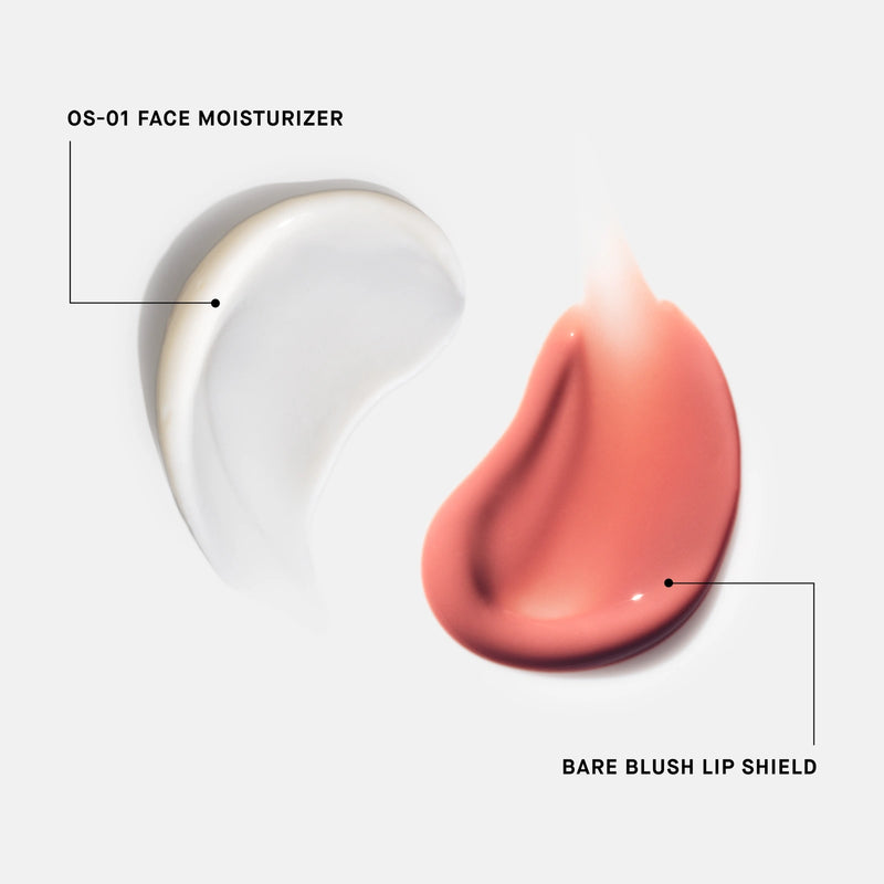 Two cosmetic swatches labeled 'OS-01 Face Moisturizer' and 'Bare Blush Lip Shield' on a white background.