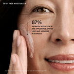 Close-up of a woman's face with OS-01 Face Moisturizer applied, showing reduced fine lines and wrinkles.