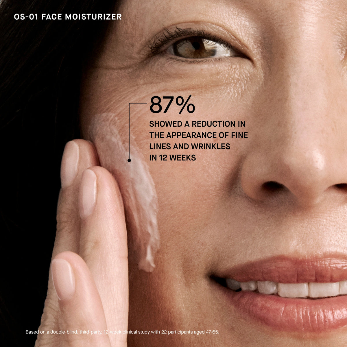 Close-up of a woman's face with OS-01 Face Moisturizer applied, showing reduced fine lines and wrinkles.