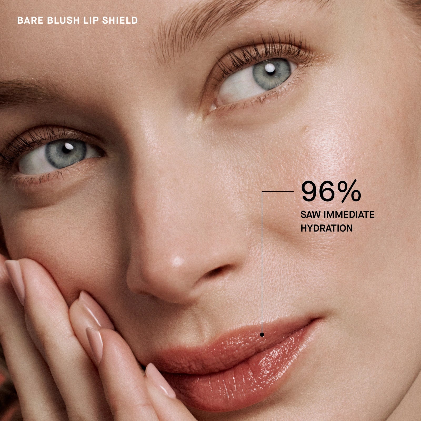 Close-up of a person's face with a focus on the lips, showing immediate hydration with text overlay.