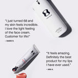 Cosmetic product with customer testimonials on a white background