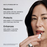 Woman applying lip shield with product features listed on a light gray background