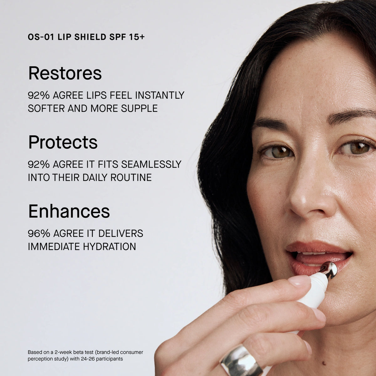Woman applying lip shield with product features listed on a light gray background