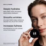 Lip mask product with a woman holding it, showing text about its benefits on a light gray background.