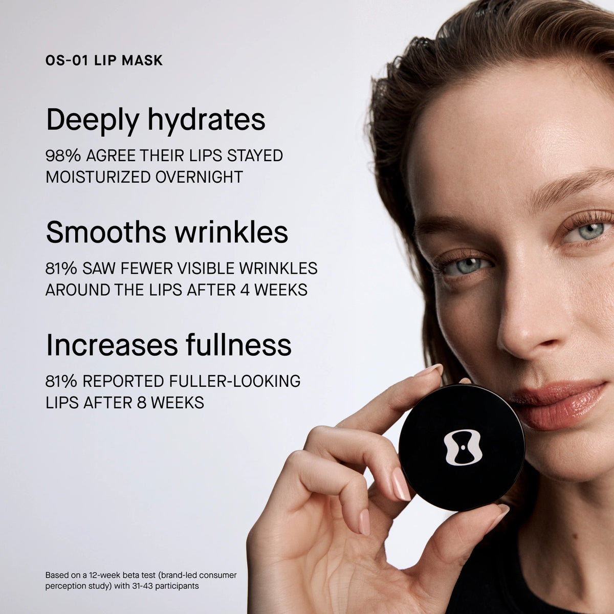 Lip mask product with a woman holding it, showing text about its benefits on a light gray background.
