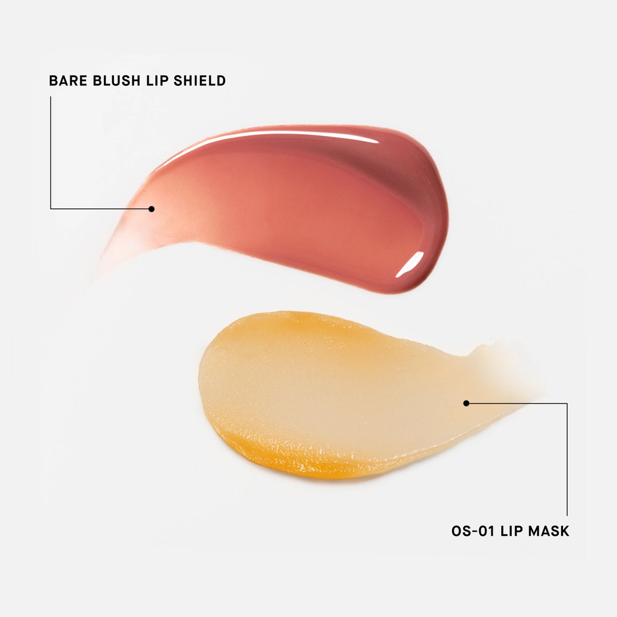 Two lip products labeled 'Bare Blush Lip Shield' and 'OS-01 Lip Mask' on a white background.