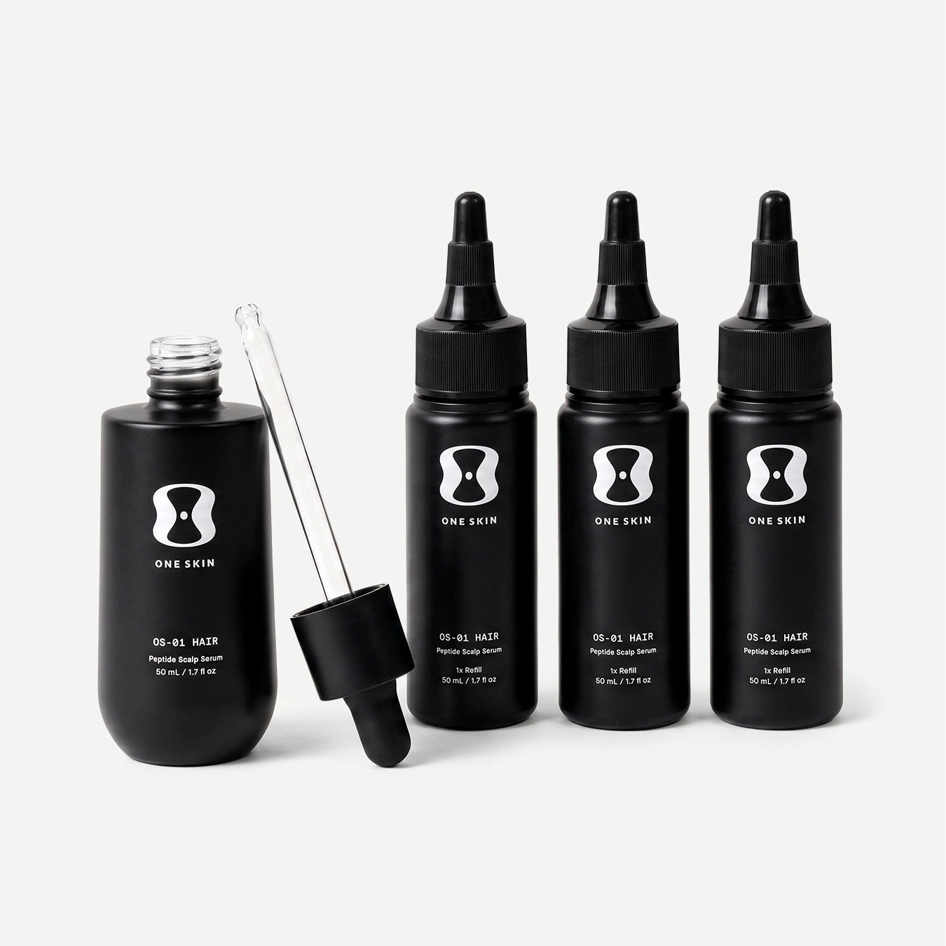 Set of black hair serum bottles with dropper on a light gray background contains descriptive text stating bottle size may vary, the 3 month supply will always come with 150mL of the OS-01 HAIR serum.
