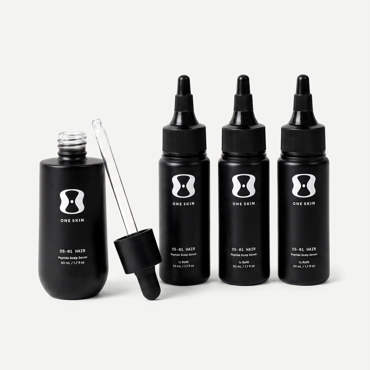 Set of black hair serum bottles with dropper and dermaroller on a light gray background contains descriptive text stating bottle size may vary, the 3 month supply will always come with 150mL of the OS-01 HAIR serum.