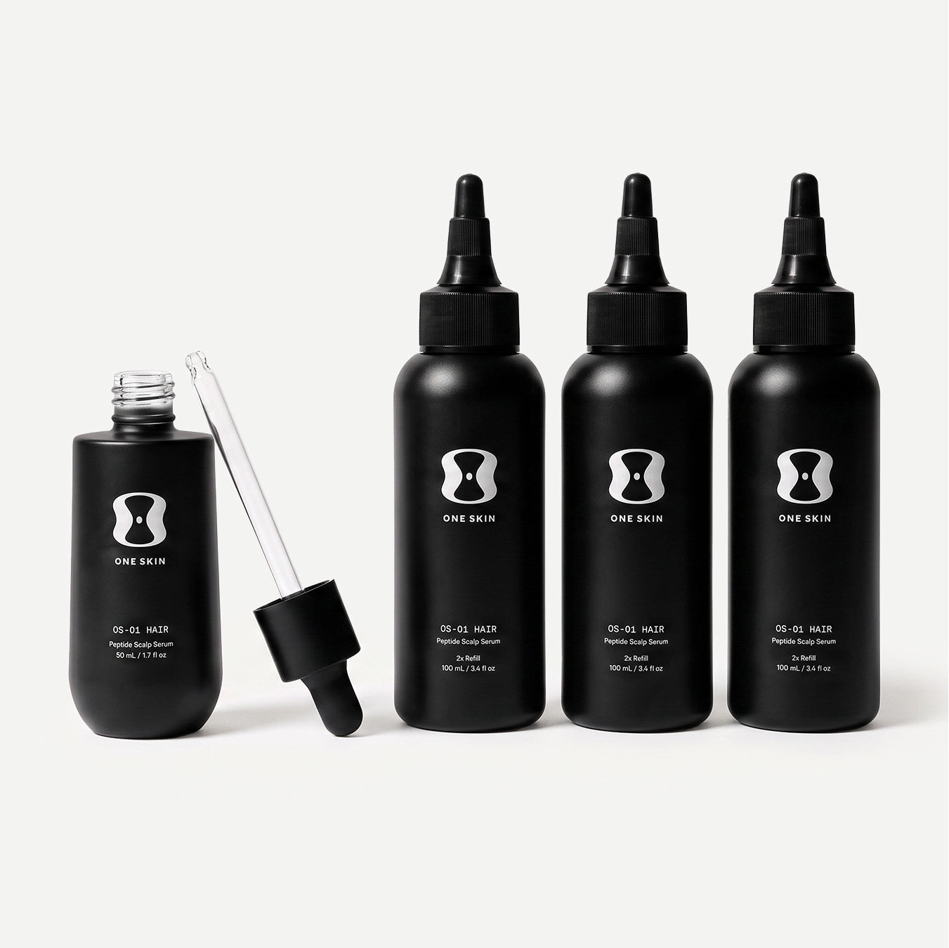 Set of black hair serum bottles with dropper on a light beige background. Contains descriptive text stating Bottle size may vary. The 6-month supply will always come with 150mL of the OS-01 HAIR serum.