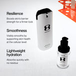 Two skincare bottles from ONE SKIN on a white grid background with marketing text. The larger bottle is white with a black cap and black logo, and the smaller bottle is a clear glass bottle with a black pump and white label.