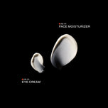 Two cream product swatches on a solid black background, labeled '05-01 FACE MOISTURIZER' and '05-01 EYE CREAM' in white text with a small red square.