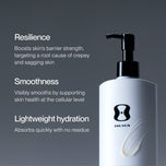 OS-01 BODY MOISTURIZER BOTTLE and a black ONE SKIN logo, shown on a dark gray background with marketing text describing resilience, smoothness, and lightweight hydration.