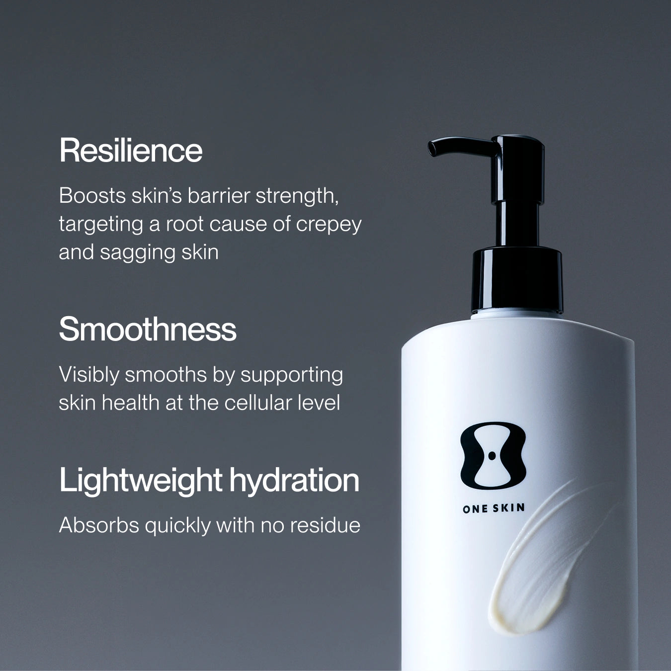 OS-01 BODY MOISTURIZER BOTTLE and a black ONE SKIN logo, shown on a dark gray background with marketing text describing resilience, smoothness, and lightweight hydration.
