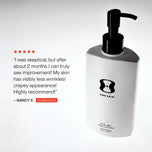 A white pump bottle of One Skin T3-C1 Body Tonic Supplement with a black pump dispenser, shown next to a customer review on a light gray grid background.