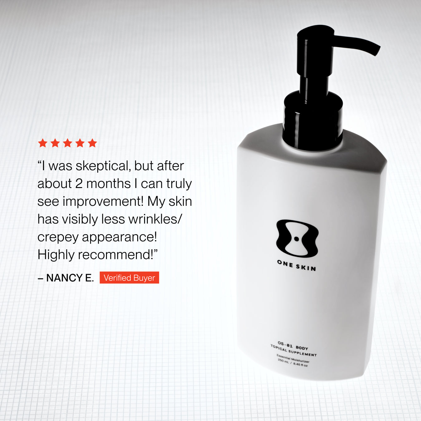 A white pump bottle of One Skin T3-C1 Body Tonic Supplement with a black pump dispenser, shown next to a customer review on a light gray grid background.