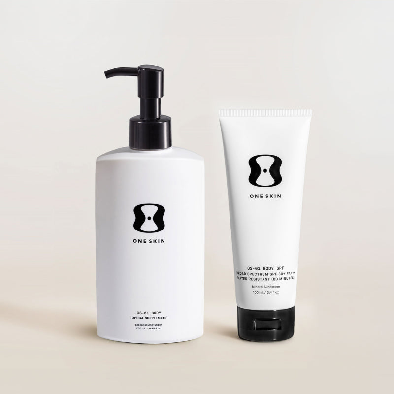 Two skincare products from 'ONE SKIN' on a beige background