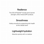 A text-based informational graphic on a white grid background, with three headings: Resilience, Smoothness, and Lightweight hydration, each followed by descriptive copy about skin benefits.