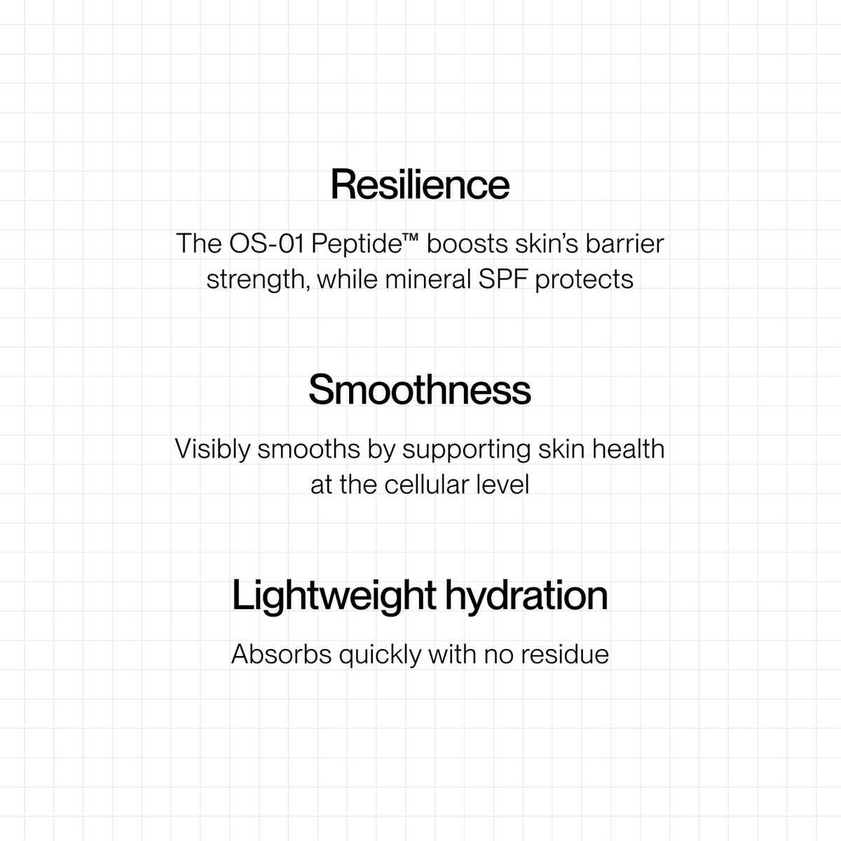 A text-based informational graphic on a white grid background, with three headings: Resilience, Smoothness, and Lightweight hydration, each followed by descriptive copy about skin benefits.