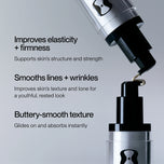 A close-up of a cosmetic pump bottle dispensing a cream onto a surface, with marketing text on the left describing skin benefits such as improved elasticity, smoothing lines, and buttersmooth texture.