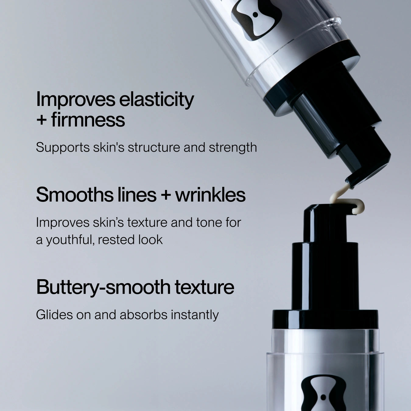 A close-up of a cosmetic pump bottle dispensing a cream onto a surface, with marketing text on the left describing skin benefits such as improved elasticity, smoothing lines, and buttersmooth texture.