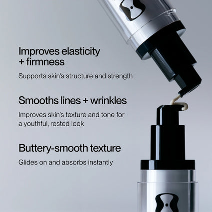 A close-up of a cosmetic pump bottle dispensing a cream onto a surface, with marketing text on the left describing skin benefits such as improved elasticity, smoothing lines, and buttersmooth texture.