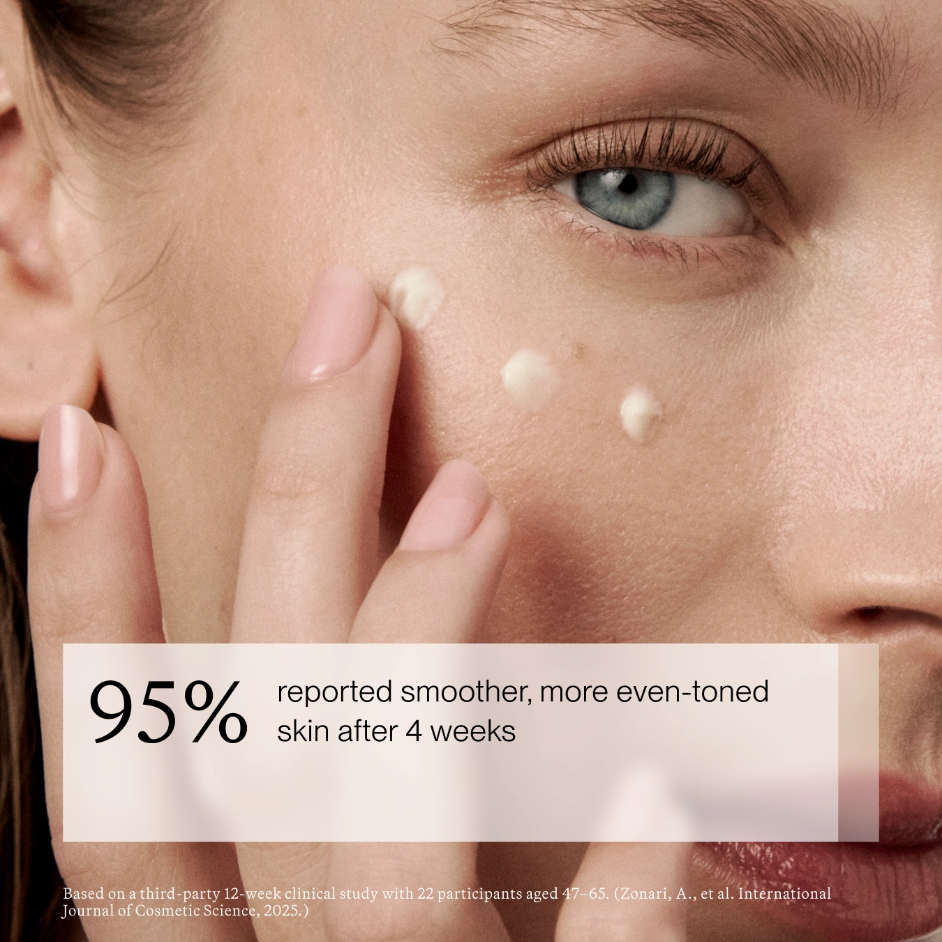 Close-up of a woman's face with a blue eye applying or showing cream on her cheek, with overlaid text reading '95% reported smoother, more even-toned skin after 4 weeks' and a small citation at the bottom.