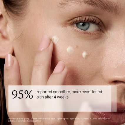 Close-up of a woman's face with a blue eye applying or showing cream on her cheek, with overlaid text reading '95% reported smoother, more even-toned skin after 4 weeks' and a small citation at the bottom.
