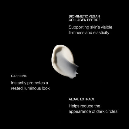 A single cream-colored cosmetic droplet centered on a black background, surrounded by white text describing ingredients and benefits: biomimetic vegan collagen peptide, caffeine, and algae extract.