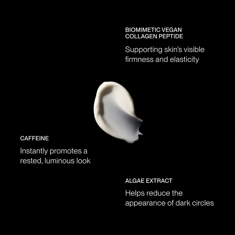 A single cream-colored cosmetic droplet centered on a black background, surrounded by white text describing ingredients and benefits: biomimetic vegan collagen peptide, caffeine, and algae extract.
