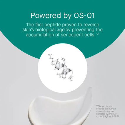 Powered by OS-01 The first peptide proven to reverse skin's biological age by preventing the accumulation of senescent cells. •1 • Shown in lab studies on human skin cells and/or samples (Zonari, et al., npj Aging, 2023)