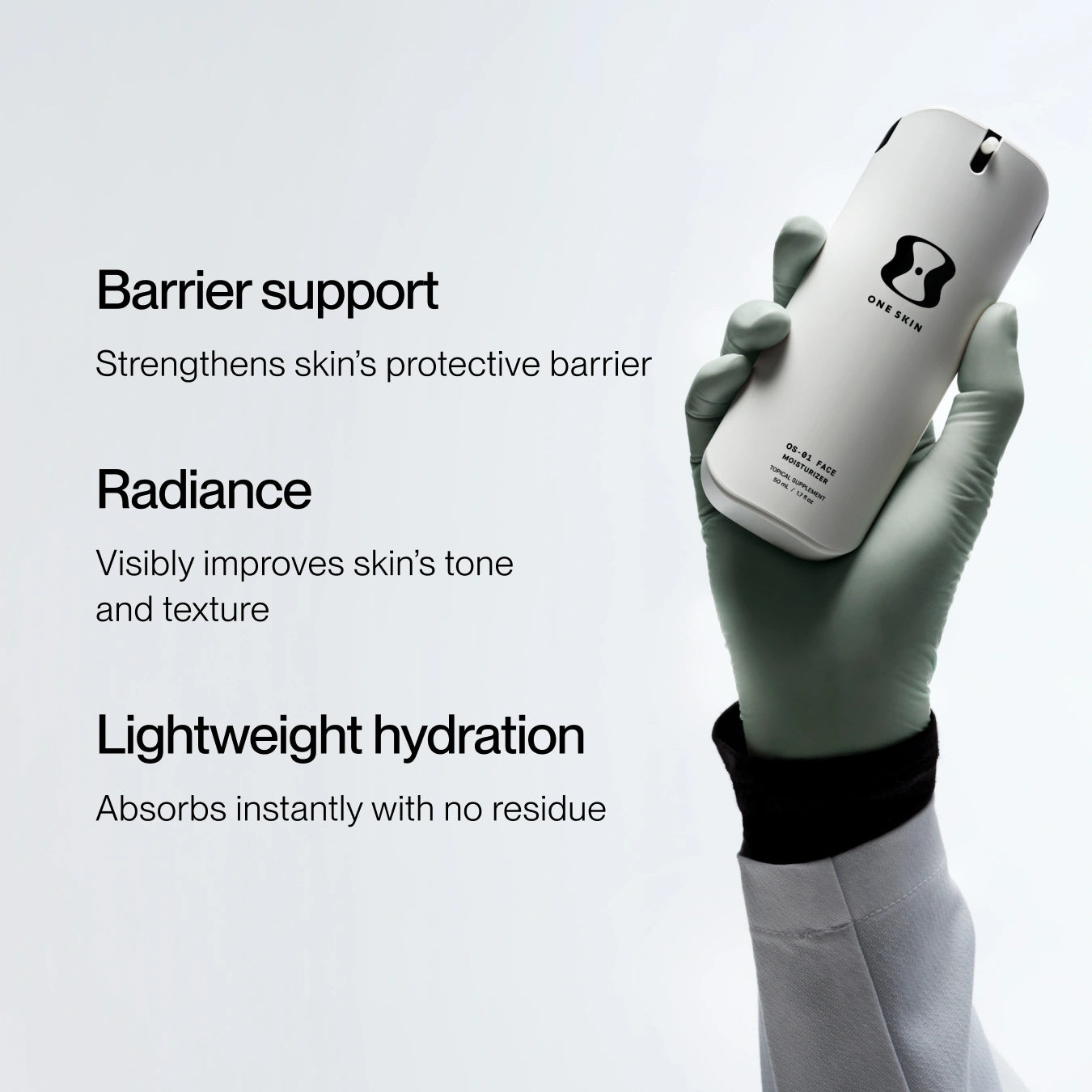 A gloved hand holds a white cylindrical skincare container against a light gray background with promotional text describing barrier support, radiance, and lightweight hydration.