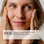 Close-up of a smiling woman with her hands on her cheeks, showing skincare cream on her face. Text overlay reads '96% showed improved visible firmness and radiance after 12 weeks' with a small citation at the bottom.