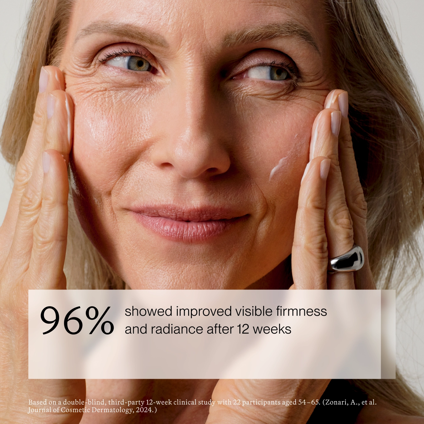 Close-up of a smiling woman with her hands on her cheeks, showing skincare cream on her face. Text overlay reads '96% showed improved visible firmness and radiance after 12 weeks' with a small citation at the bottom.