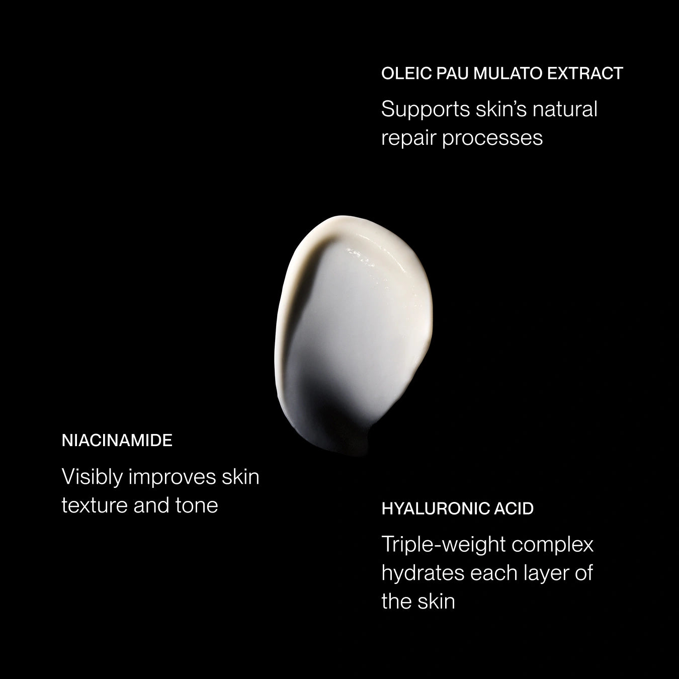 A single white cosmetic droplet or bead centered on a black background, surrounded by white text labels identifying ingredients: oleic pau mulato extract, niacinamide, and hyaluronic acid.