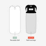 A simple diagram on a light gray background showing a reusable shell on the left and a refill cartridge on the right. The reusable shell is white with a small green label reading KEEP.