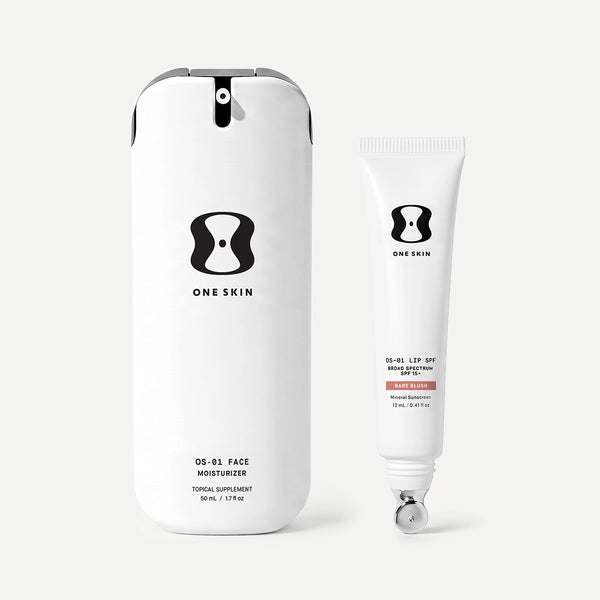 Two skincare products from the brand 'ONE SKIN' on a light beige background