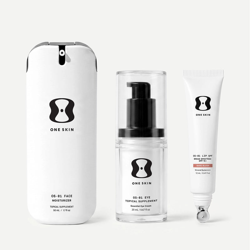 Set of skincare products from ONE SKIN on a light beige background