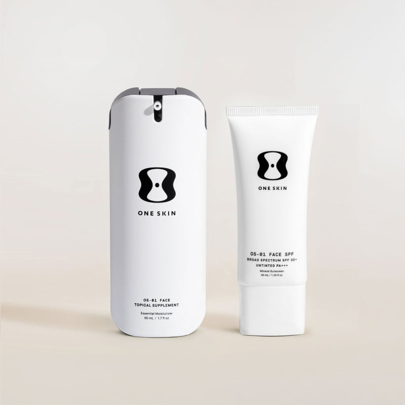 Two skincare products from the brand 'ONE SKIN' on a light beige background