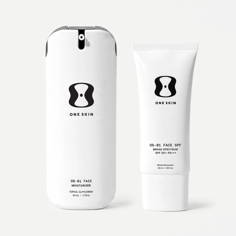 Two skincare products from the brand 'ONE SKIN' on a light beige background