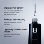 A bottle of One Skin OS-01 Hair Peptide Scalp Serum with a glass dropper above it, set against a light gray background with promotional text highlighting hair density, reduced shedding, and lightweight water-based texture.