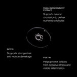 A black background with a small clear oval droplet or capsule in the center and white text listing ingredients and benefits: Panax ginseng root extract, biotin, and fisetin.