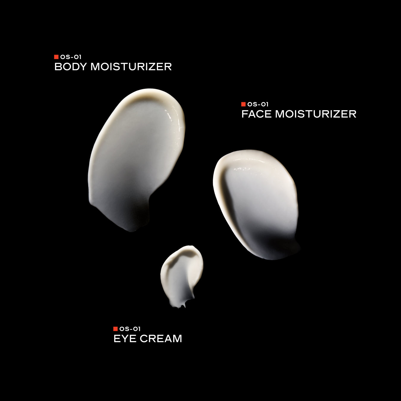 Three cream products on a black background: a large body moisturizer smear, a face moisturizer smear, and a smaller eye cream smear, each labeled with white text reading OS-01.