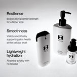 Three skincare bottles from ONE SKIN on a light gray textured background with promotional text describing resilience, smoothness, and lightweight hydration.