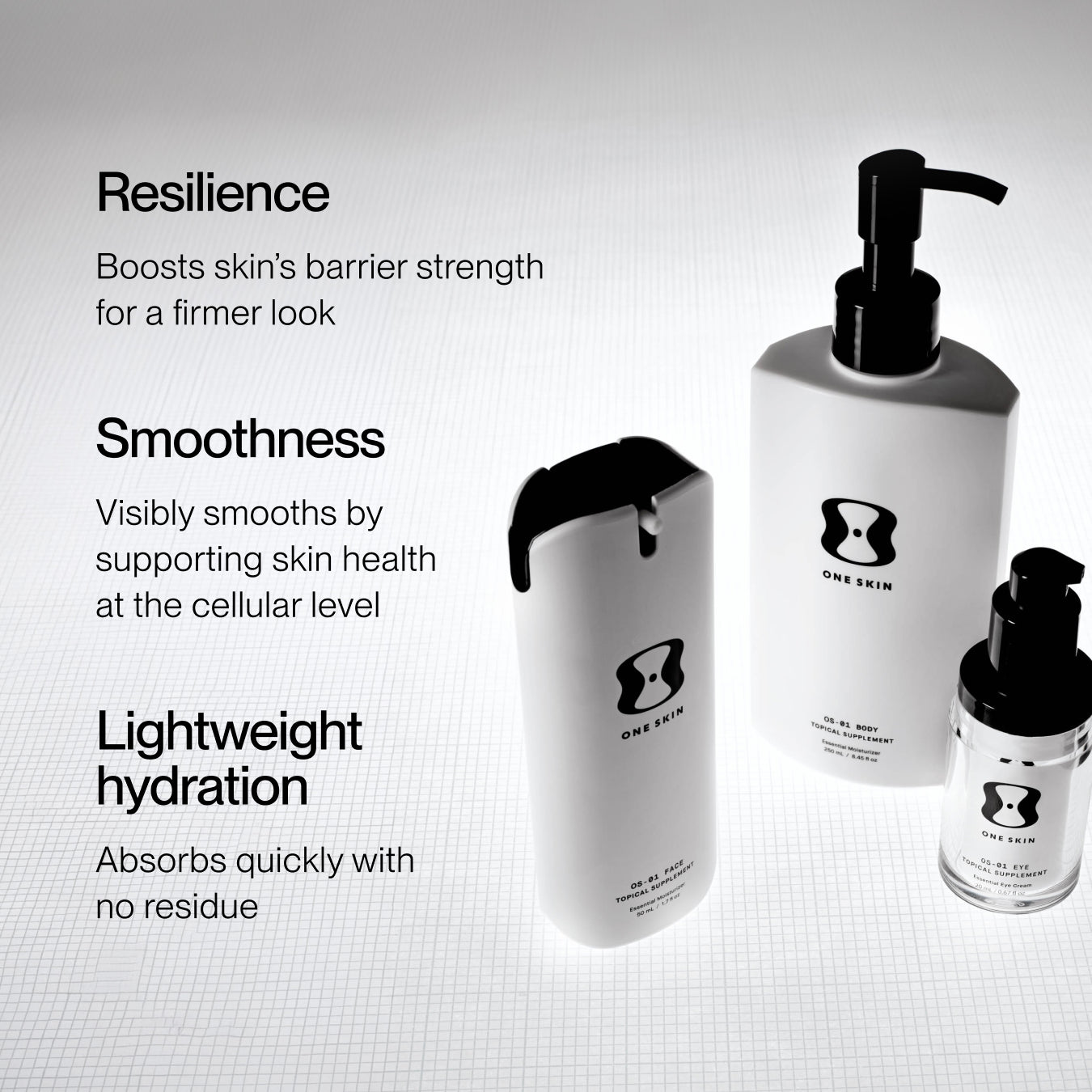 Three skincare bottles from ONE SKIN on a light gray textured background with promotional text describing resilience, smoothness, and lightweight hydration.