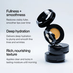 An open black cosmetic compact with a warm yellow-orange product visible inside, stacked on top of two closed black compacts against a light gray background. Text on the left reads: 'Fullness + smoothness', 'Deep hydration', and 'Rich, nourishing texture'.