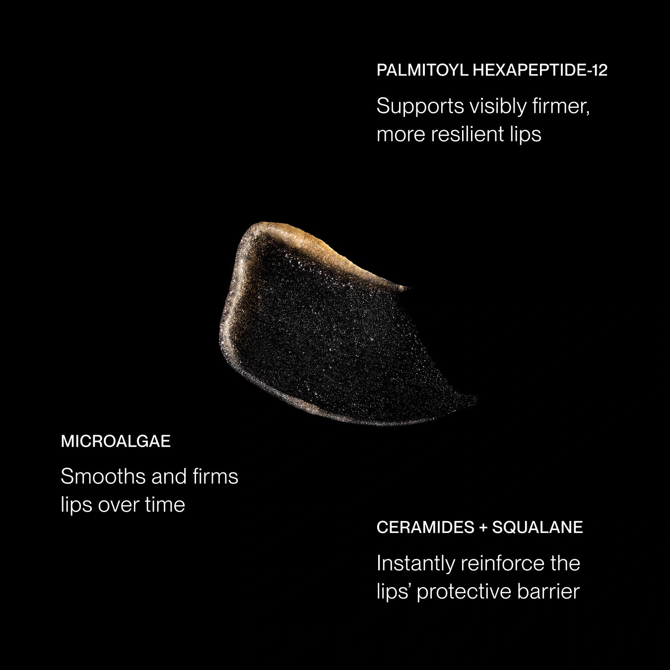 A black cosmetic smear or lip-protecting ingredient swatch centered on a black background, with white text callouts reading PALMITOYL HEXAPEPTIDE-12, MICROALGAE, CERAMIDES + SQUALANE, and benefits for visibly firmer, more resilient lips.