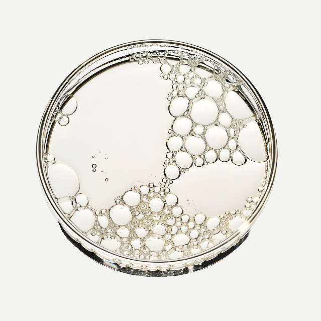 A clear, transparent circular glass dish or petri dish containing a liquid filled with numerous small bubbles, photographed from directly above on a clean white background.