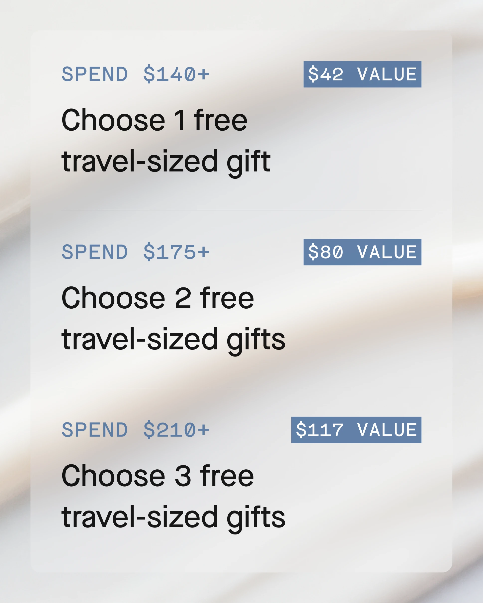 Tiered gift-with-purchase offer: Spend $140+ to choose 1 free travel-sized gift ($39 value), spend $210+ to choose 2 free travel-sized gifts ($78 value), or spend $280+ to choose 3 free travel-sized gifts ($117 value).