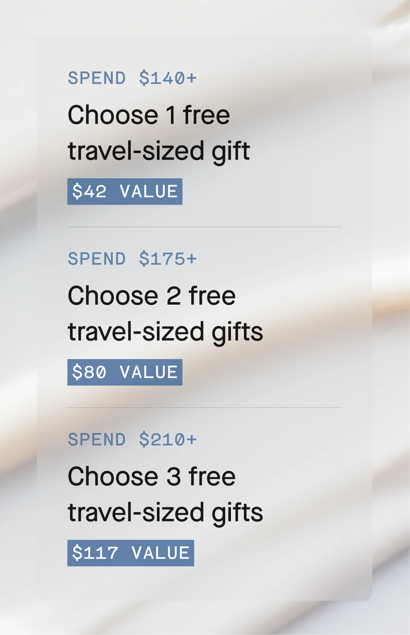 Tiered gift-with-purchase offer: Spend $140+ to choose 1 free travel-sized gift ($39 value), spend $210+ to choose 2 free travel-sized gifts ($78 value), or spend $280+ to choose 3 free travel-sized gifts ($117 value).